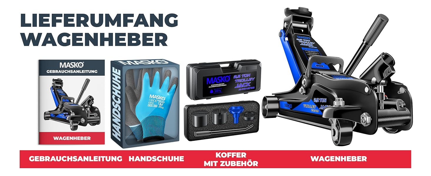 Гідравлічний домкрат MASKO 3T з низьким профілем (85-460 мм) для авто, SUV. З гумовими накладками, роликами 360°, рукавичками. Підставка для ремонту, синій.
