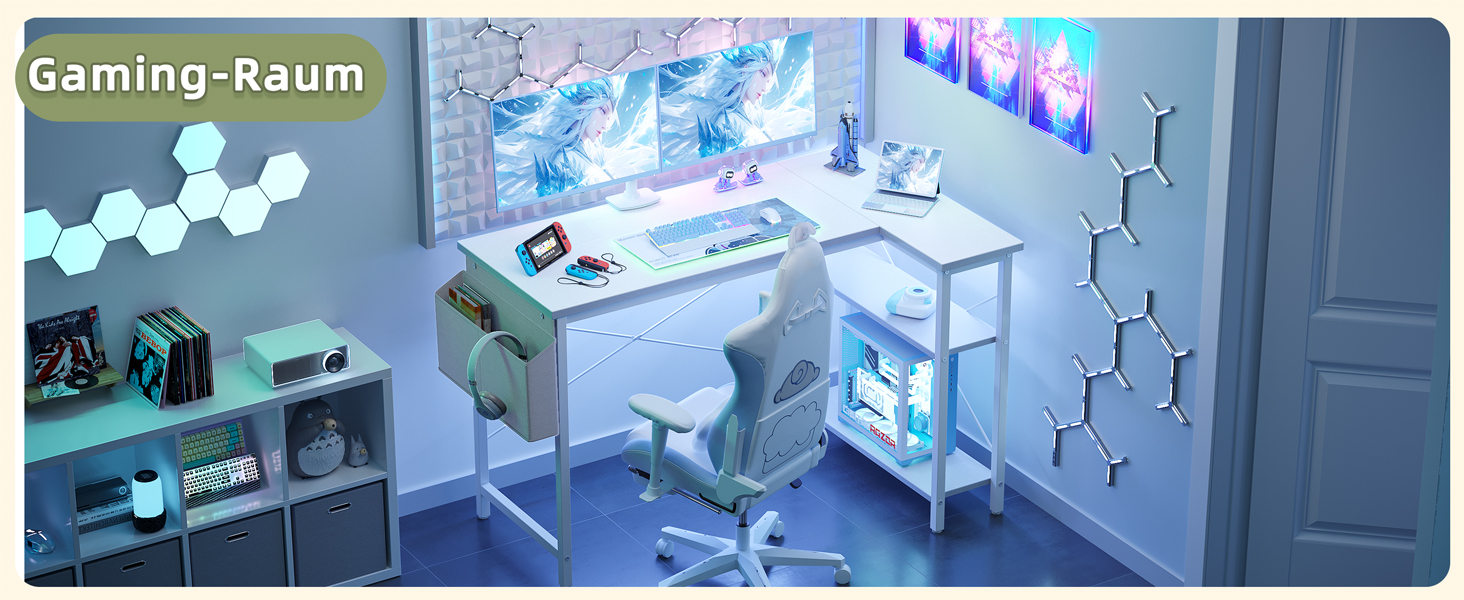 Бексв'ю кутовий стіл L-подібний для геймінгу 100x70 см з полицями, білий. Стіл для комп'ютера, навчання, роботи вдома.