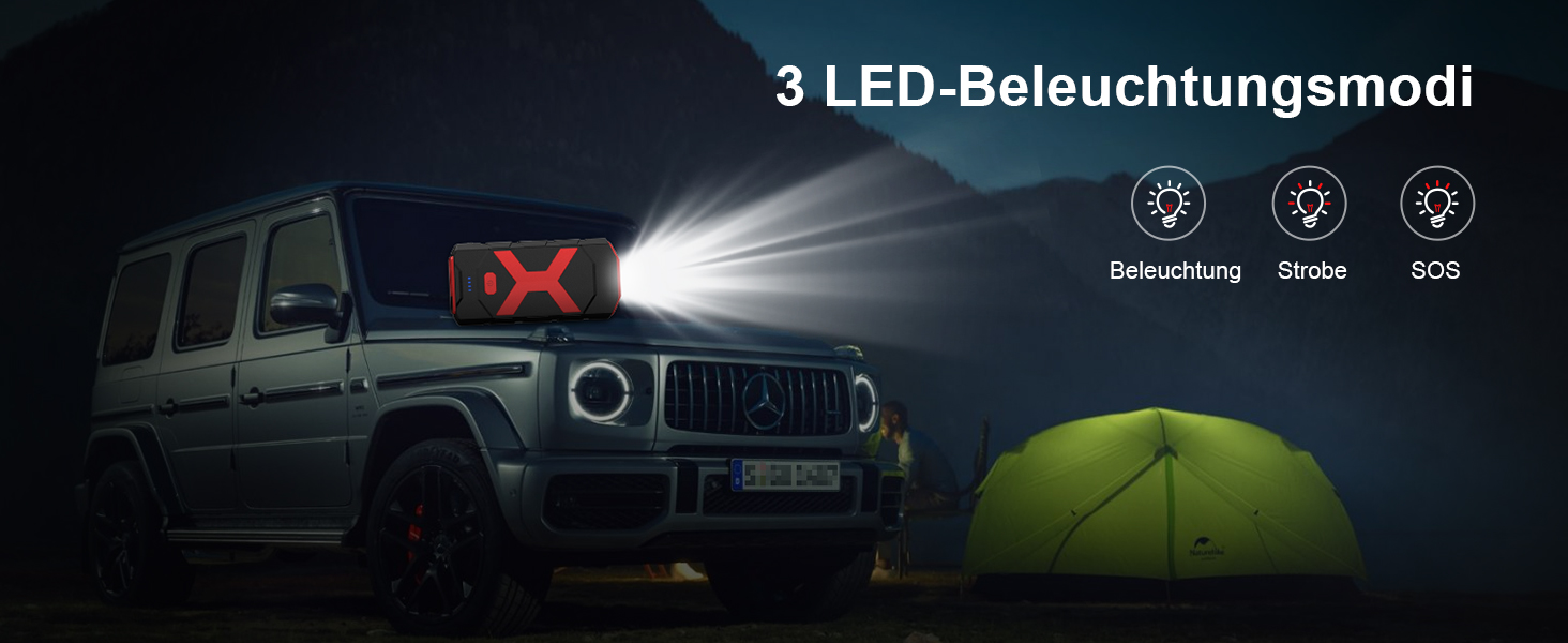 Портативний акумулятор-пусковий пристрій POWKEY для автомобілів, 2000A, 12V, з LED-ліхтариком та 2 USB-виходами (червоний)