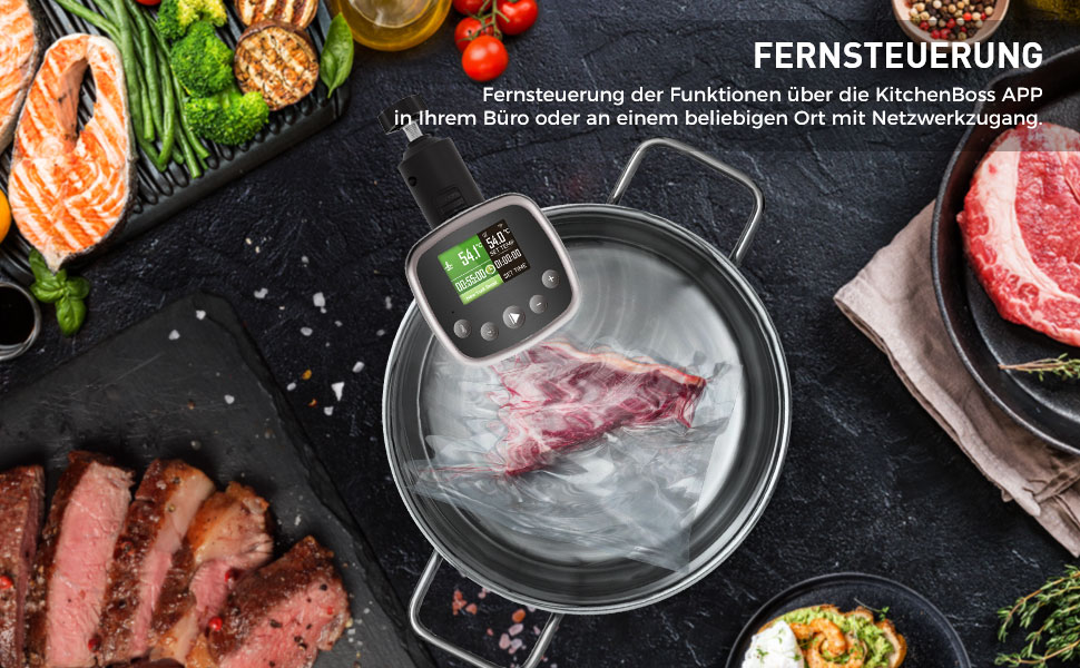 Су-від занурювальний циркулятор KitchenBoss: WiFi, точний контроль температури, керування через додаток, 1100W, діапазон 40-90°C, IPX7, TFT дисплей, тиха робота, карбонове волокно, чорний