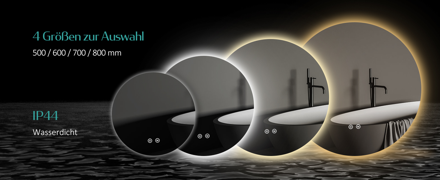 Дзеркало для ванної кімнати EMKE з підсвічуванням, діаметр 50 см, регулювання яскравості, функція пам'яті, IP44, енергозбереження, 3 кольори світла, 80x80 см