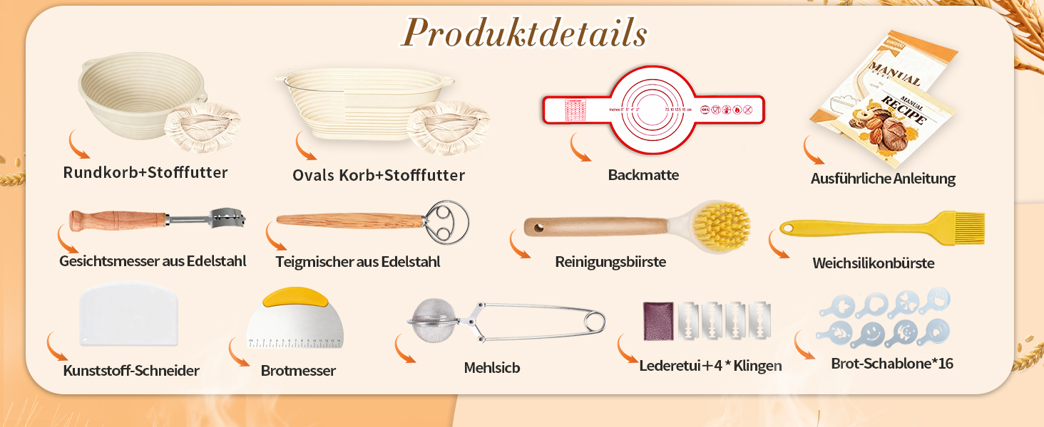 Набір для випікання хліба: 13 предметів, корзини для бродіння (овальна 28 см, кругла 25 см) з силікону, для початківців та професіоналів