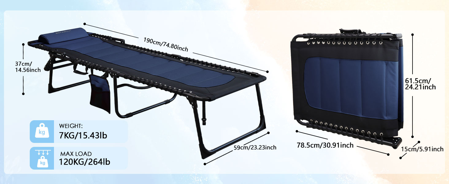 Великий розкладний шезлонг для саду: 5 положень спинки, Outdoor, XXL, триногий, для пляжу/кемпінгу, до 150 кг, з подушкою та кишенею, 200x68 см, сірий (Navy_s, 190x59 см)
