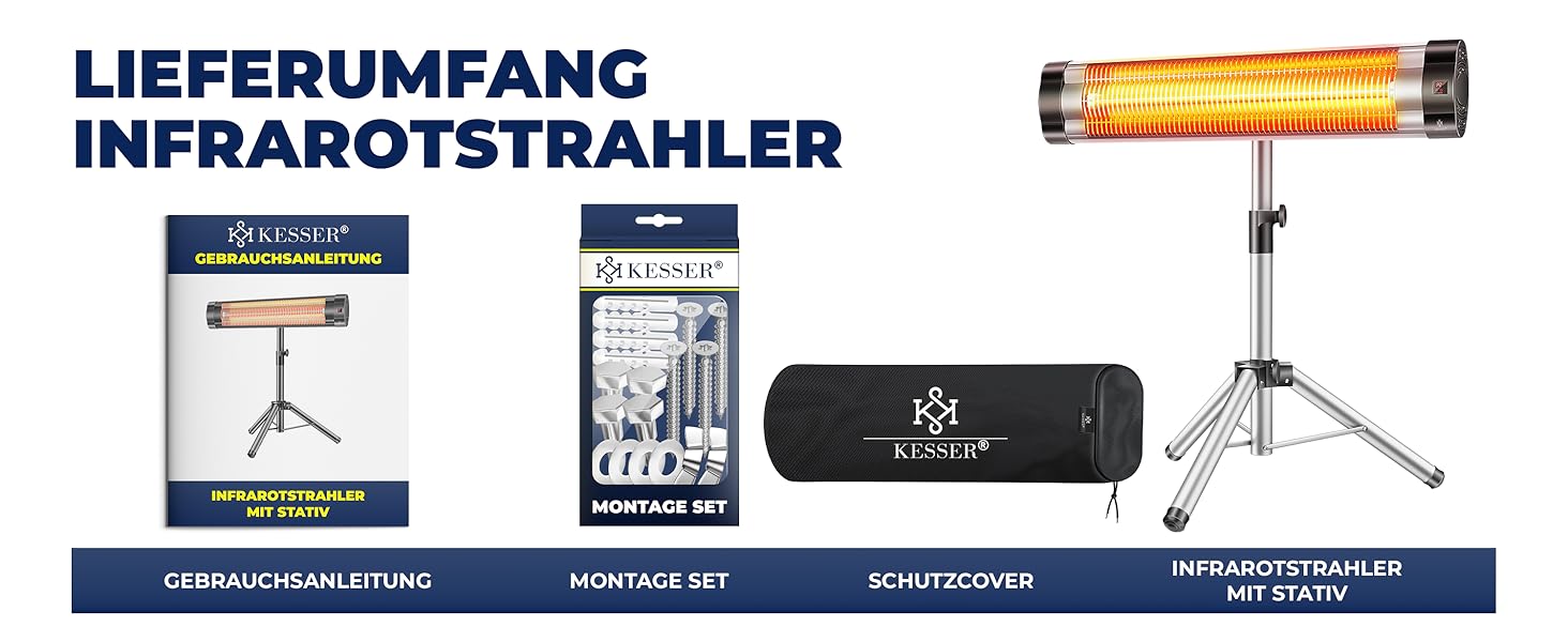 Інфрачервовий обігрівач KESSER® 2500W з захисним чохлом та телескопічним штативом – для тераси, вітальні, дачі