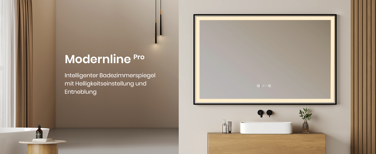 Дзеркало для ванної кімнати EMKE з підсвіткою 70x50 см, чорне, сенсорне, регульоване, з протитуманним покриттям, годинником, функцією пам'яті та нейтральним світлом 4300K, енергозберігаюче, IP44