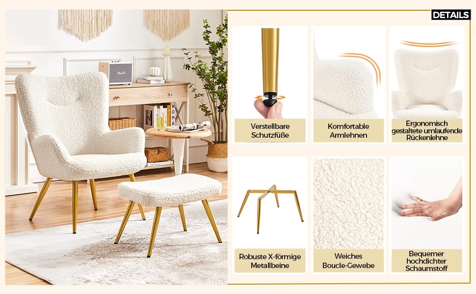 Крісло-мішок Yaheetech з пуфом, біле, з м'якою оббивкою з поліестеру. Крісло для відпочинку, телевізора, коктейлів.