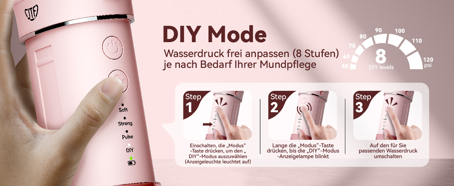 Портативний електричний іригатор для порожнини рота JTF Mini, бездротовий, для подорожей, з 5 насадками, 4 режими, 230 мл, водонепроникний (IPX7), рожевий