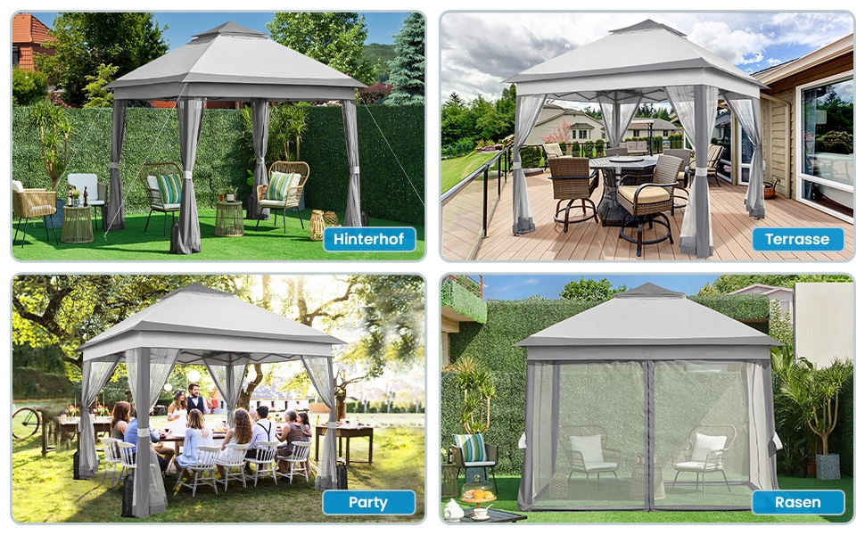 Павільйон Yaheetech 3.3x3.3м, водовідштовхуючий, з москітною сіткою, регульована висота, для саду та відпочинку