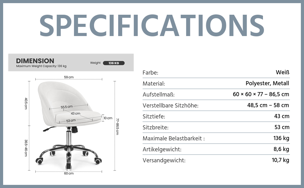 Крісло Yaheetech для дому та офісу: крісло для туалетного столика, обертове, з регулюванням висоти, на роликах, біле, до 136 кг