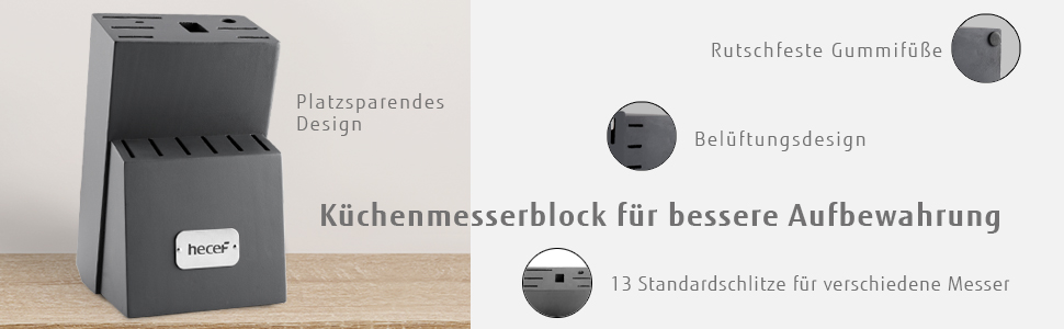 Набір ножів Hecef 14 предметів з дерев'яним блоком, професійний набір кухонних ножів з нержавіючої сталі, з шліфувальником, ножицями та ножем для стейка (сірий)