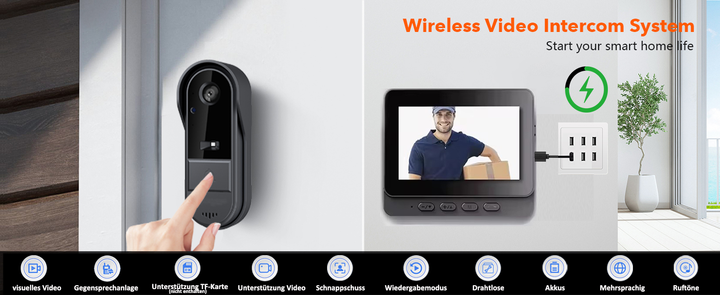 Відеодзвінок з камерою 1080P HD, бездротовий, водонепроникний IP65, дисплей 4.3