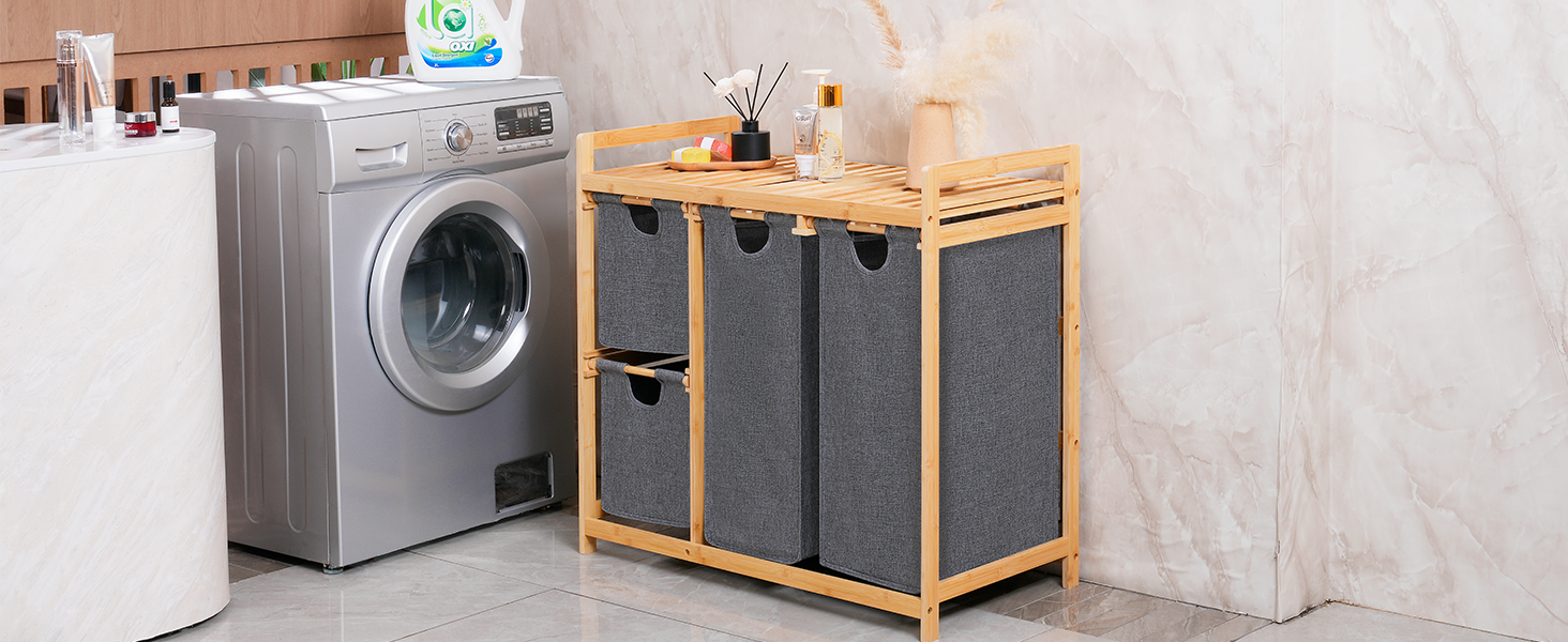 Кошик для білизни iEGrow з 4 відділеннями, 150л, бамбуковий візок для білизни з полицею, місткий кошик для брудної білизни з оксфордської тканини (сірий)