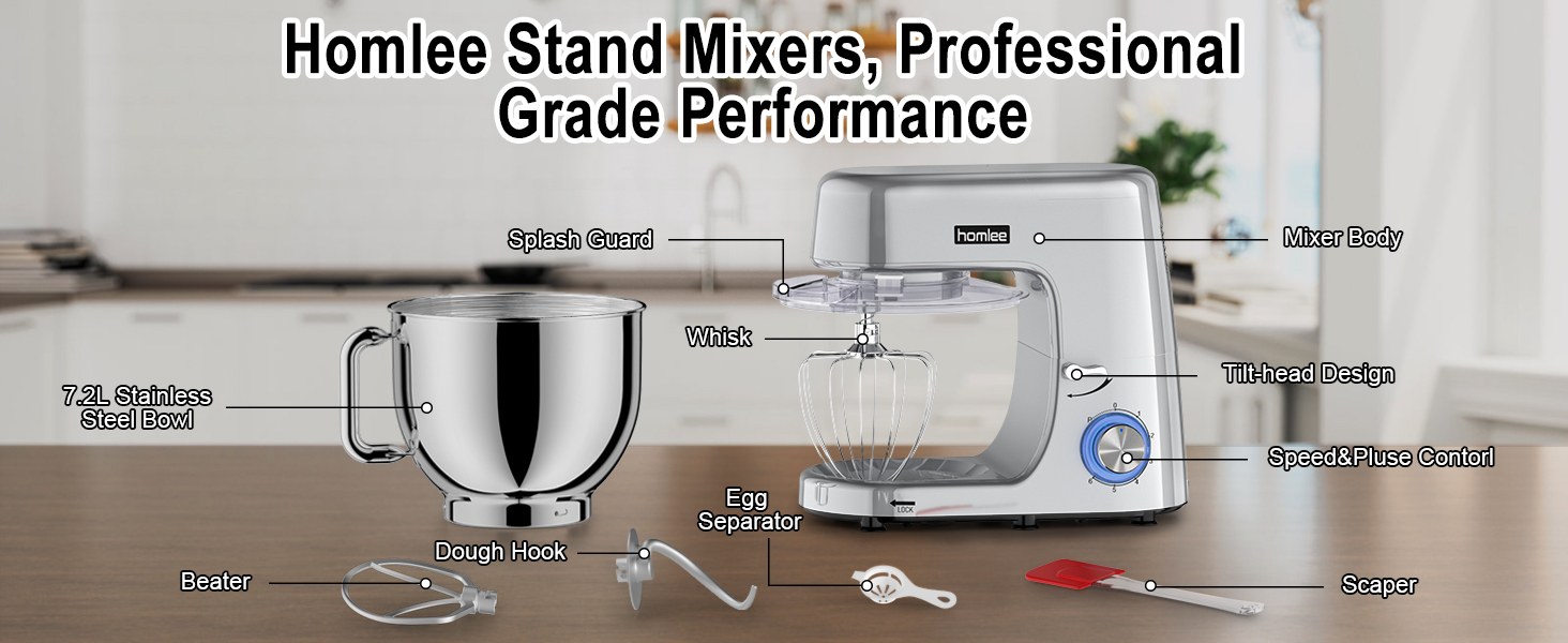 Потужна кухонна машина 1800W з великою чашею 7.2 л з нержавіючої сталі, міксер, насадки для тіста, збивання та насадка-віночок, сріблястий