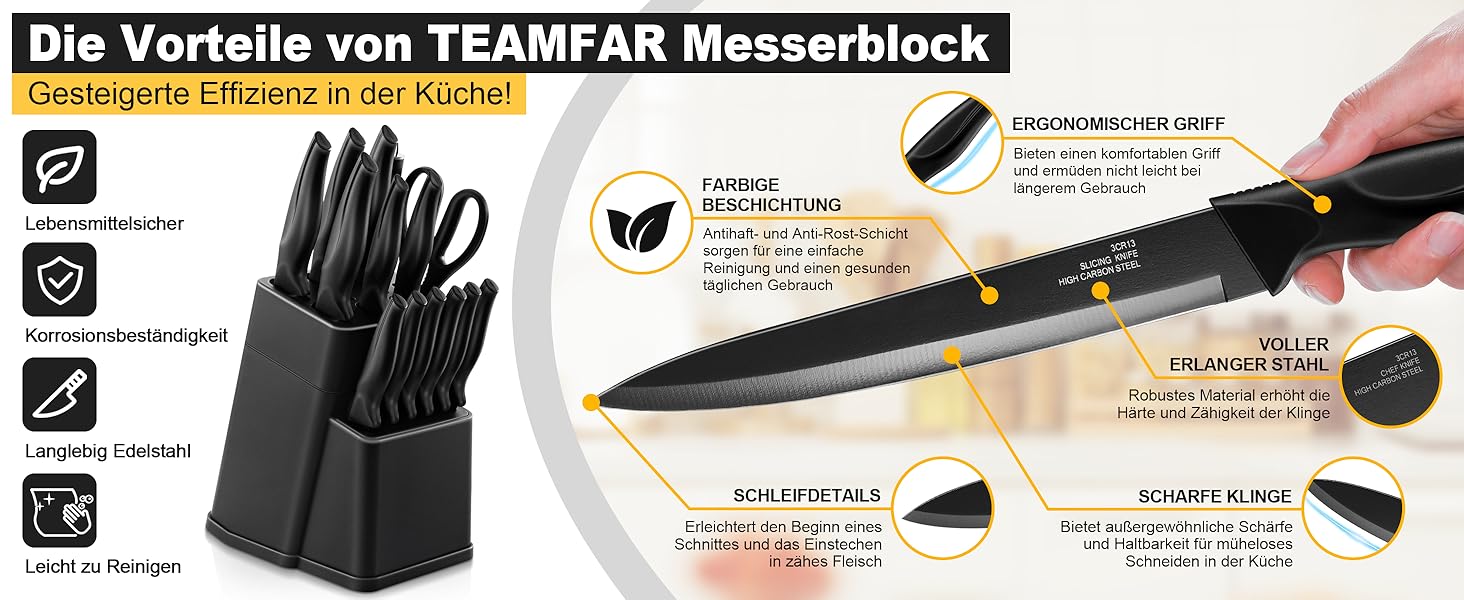 Набір кухонних ножів TEAMFAR 15 предметів з підставкою, нержавіюча сталь, з точильним каменем, антипригарне покриття, чорний