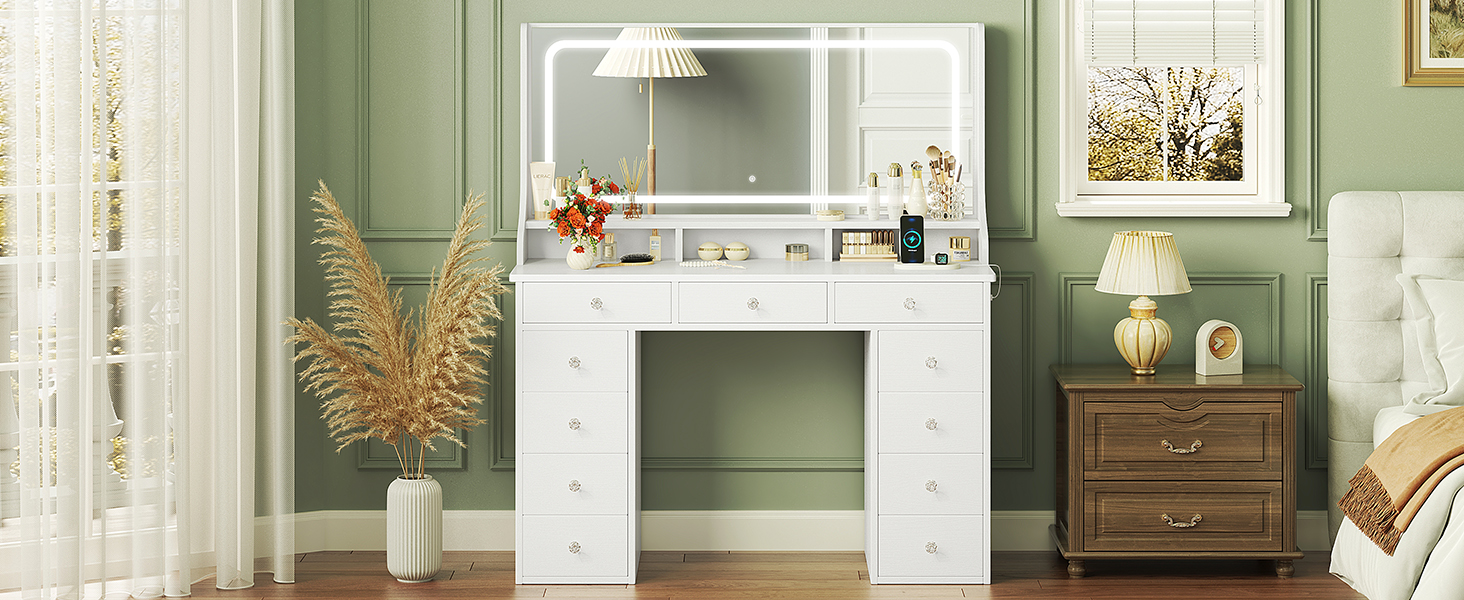 Діплекс туалетний столик з підсвіткою, 110 см, з 11 шухлядами та LED-дзеркалом, білий. Сучасний туалетний столик для спальні та гардеробної