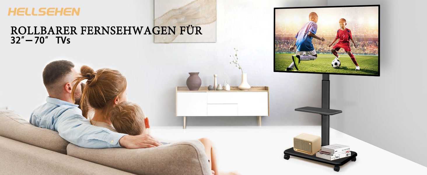 Мобільний телевізійний тумба Hellsehen для LED/LCD/OLED TV 32-70 дюймів (до 45.4 кг), чорна, з регулюванням висоти та фіксаторами коліс