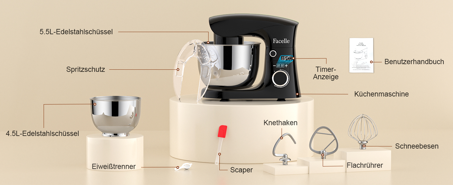 Кухонна машина Facelle 1500W з місткістю 5,5/4,5л: міксер, тістоміс, набір насадок, тиха робота (чорний)