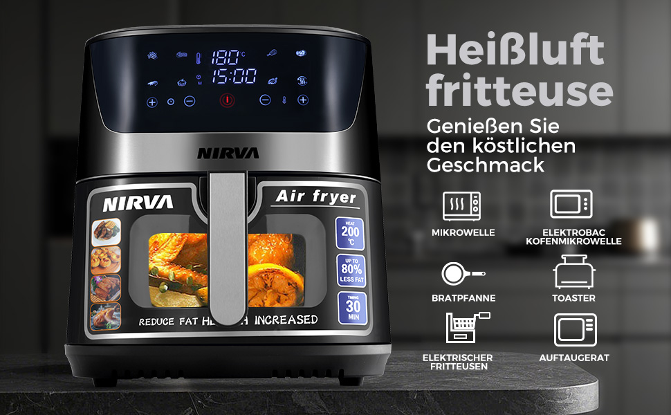 Аерофритюрниця Nirva 8,5 л, 1700 Вт, безмасляна фритюрниця з вікном, антипригарним покриттям та кошиком для посудомийки, чорна/нержавіюча сталь