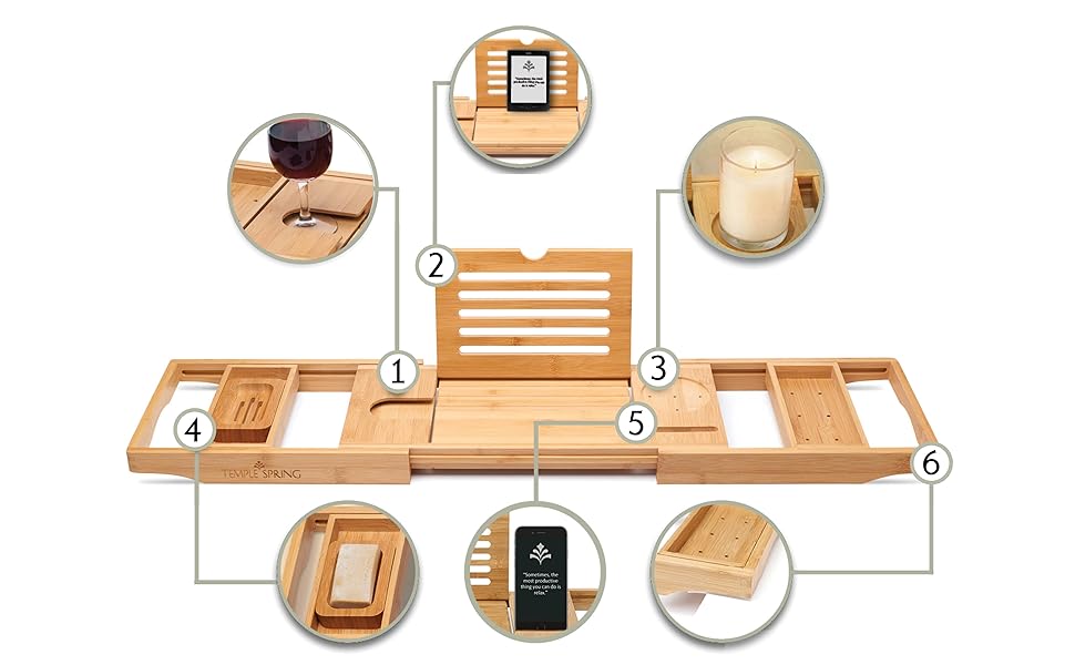 Підставка для ванни Temple Spring з дерева, бамбукова, для аксесуарів у ванну, піднос для ванни, меблі для ванної кімнати - Шкіряний ефект (натуральне дерево)