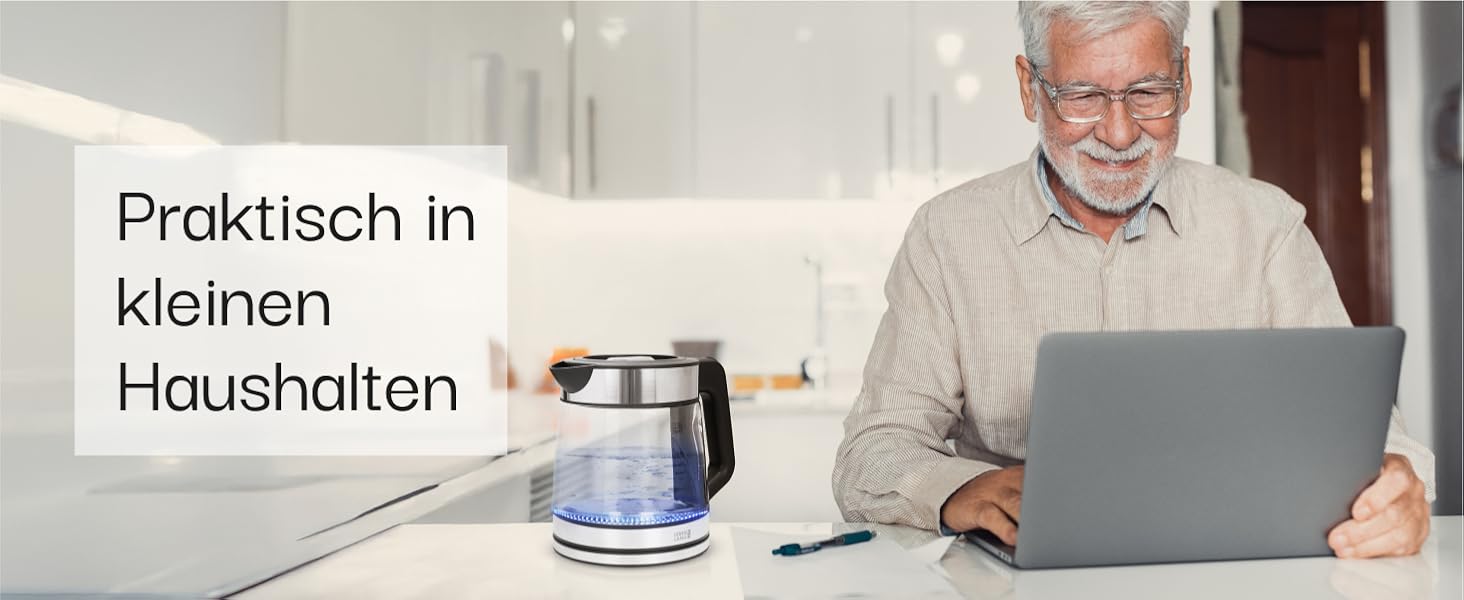 Скляний чайник LEBENLANG 1.2 л з LED-підсвіткою - нержавіюча сталь, без BPA | Чайник для подорожей, кемпінгу