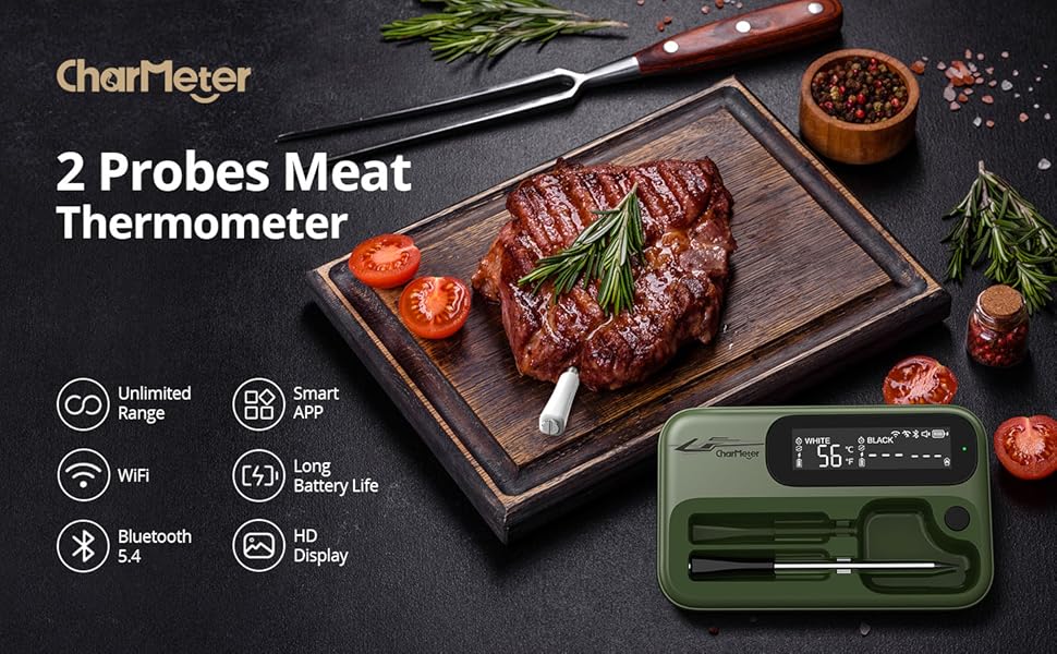 Бездротовий термометр для м'яса з Bluetooth, 100 м, розумні рецепти, LED-дисплей, для приготування їжі, кухні, BBQ, грилю
