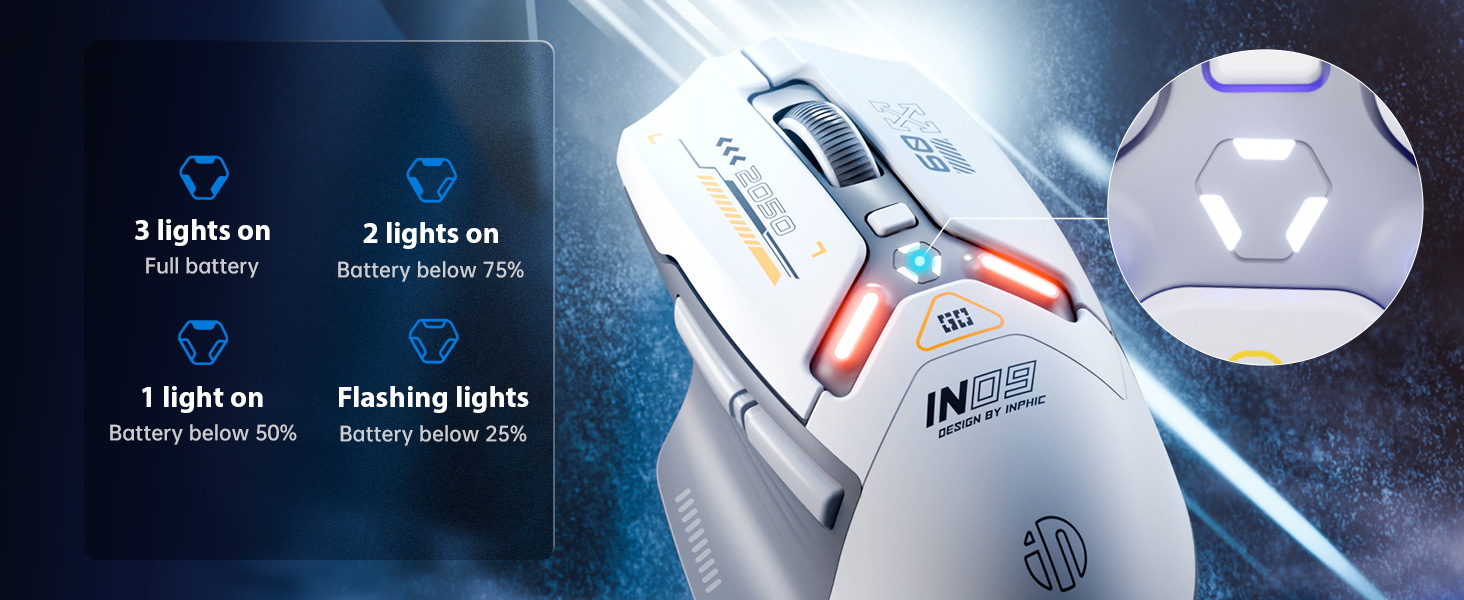 Ігрова миша inphic IN9 бездротова Tri-Mode (2.4G/Bluetooth/Type-C), 10000 DPI, RGB-підсвітка, програмована, акумуляторна, сіро-біла