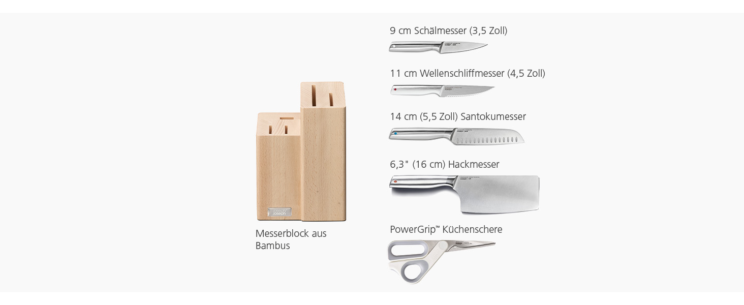 Набір ножів Fusion Joseph Joseph 5 предметів: кухонний ніж, ніж для м'яса, ножиці, дерев'яний блок для ножів