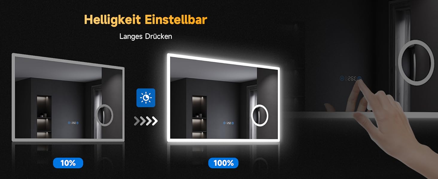 Дзеркало для ванної кімнати SONNI з підсвічуванням 80x60 см, 3 кольори світла, проти запотівання, LED, сенсорне управління, годинник, температура, 3x збільшення