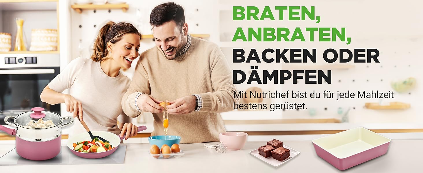Набір кухонного посуду NutriChef 54 елементи – сковорідки, каструлі, кухонні аксесуари, ножі, форми для випічки, для індукції, газу та електроплити, здорове та дієтичне приготування (рожевий)