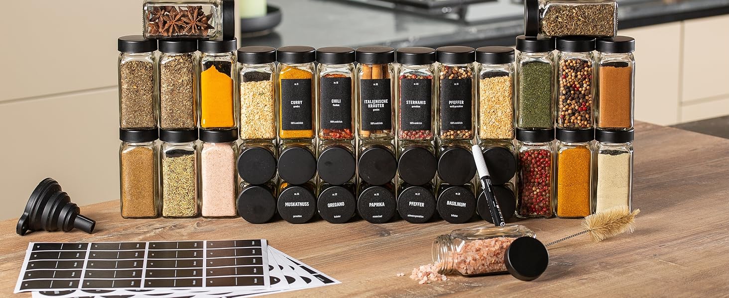 Набір банок для спецій Deco haus® (36 шт.) з кришками чорного кольору, з мірною ложкою та етикетками