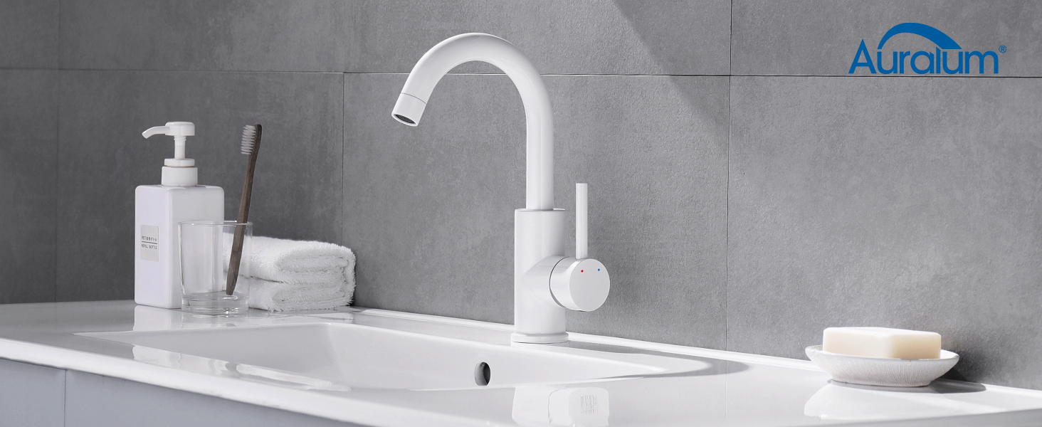 Змішувач для ванної кімнати/кухні Auralum з поворотним гусаком 360°, з високоякісної латуні, з підключенням 60 см, однорідний змішувач (білий)