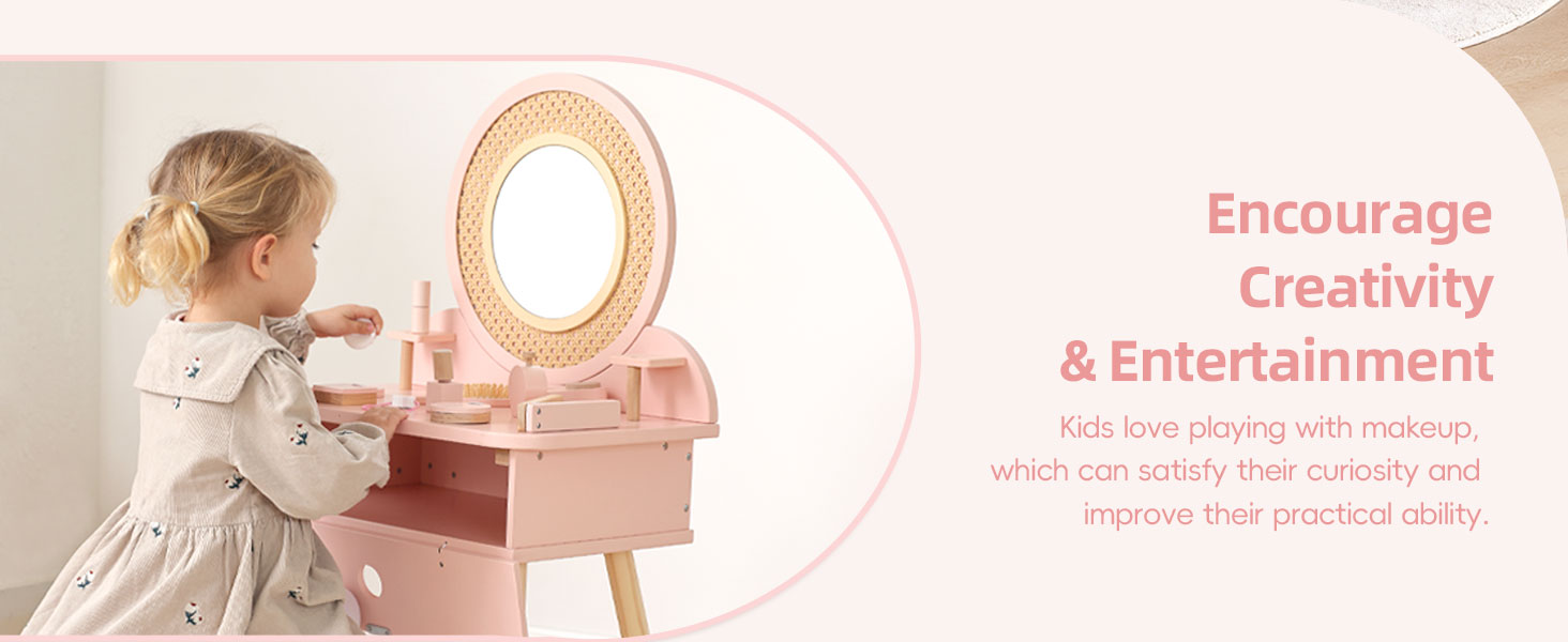 Дитячий туалетний столик OOOK для дівчаток з дзеркалом та табуретом, рожевий, з дерева