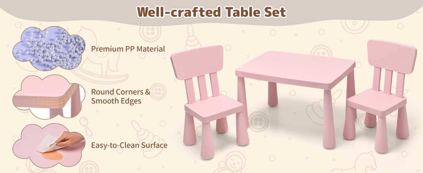Дитячий столик LIFEZEAL з 2 стільцями, рожевий. Дитяча меблі з пластику, стіл і стільці для дівчаток та хлопчиків