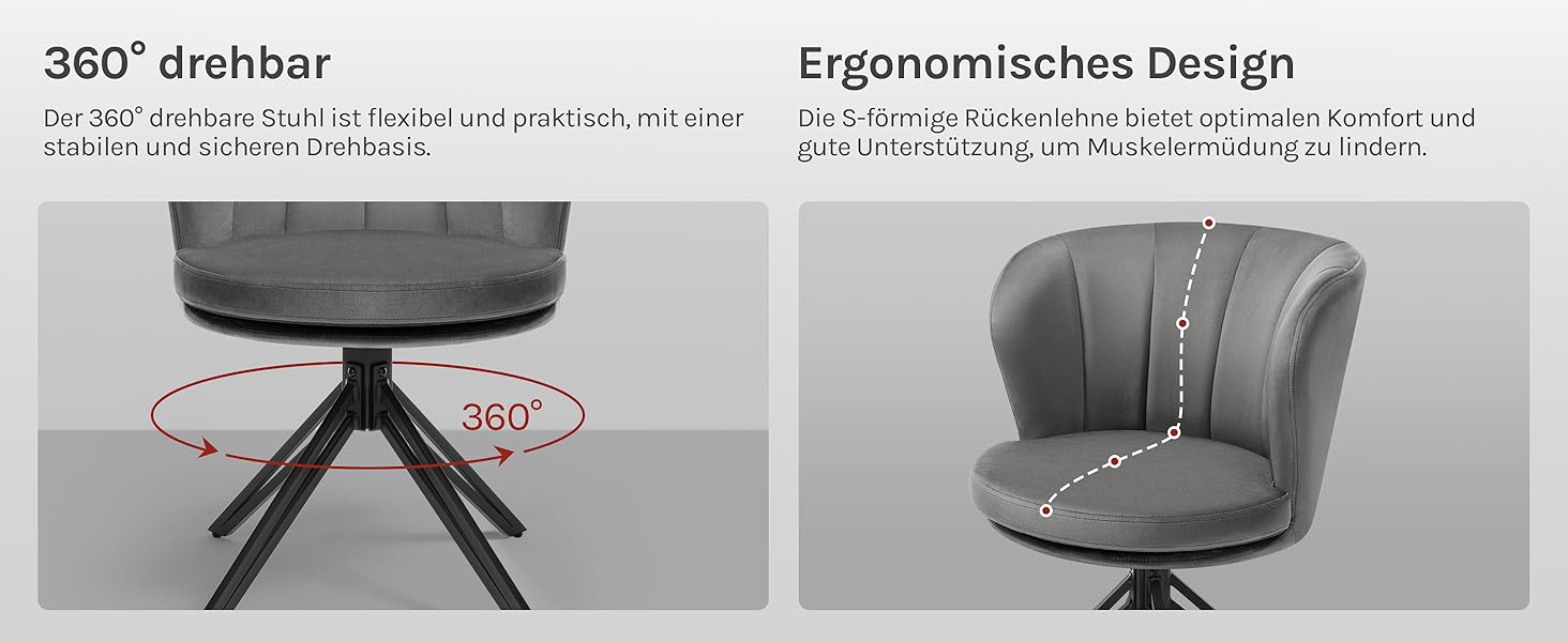 Крісла для обідньої зони WOLTU (2 шт), крісла з обертанням на 360°, м'які крісла з велюру, крісла для макіяжу з підлокітниками, ергономічні, витримують до 150 кг, темно-сірий колір