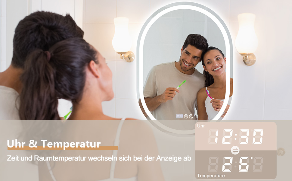 Дзеркало для ванної кімнати Trintion з підсвічуванням, 50x70 см, овальне, з годинником та сенсорним вимикачем, антизапотівальне, диммер, 3 кольори світла (3500K-6500K)