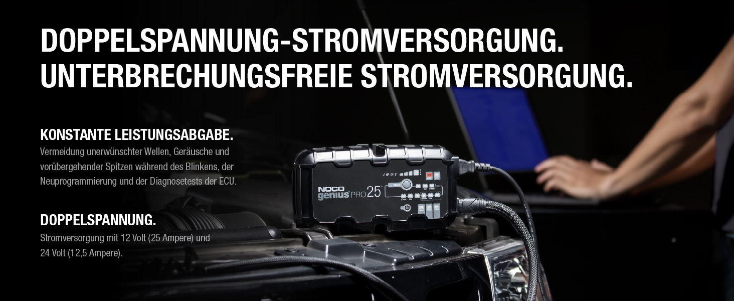 NOCO GENIUSPRO25: Професійне зарядне пристрій для акумуляторів 25A, 6V/12V/24V – Інтелектуальний зарядний пристрій, десульфатор та блок живлення з захистом від перевантаження та температурною компенсацією – Для свинцево-кислотних та літієвих акумуляторів