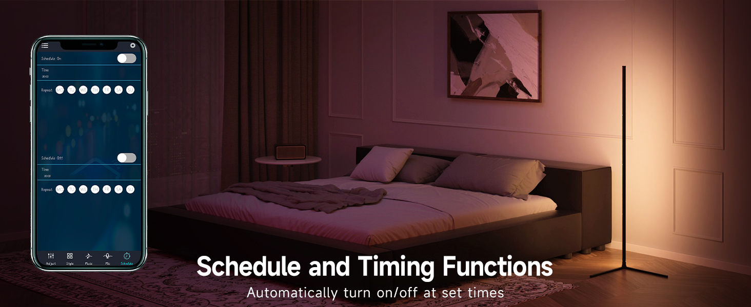 LED торшер у вітальню RGB кутовий, димується з пультом та додатком, синхронізація з музикою, DIY-режим, таймер - чорний