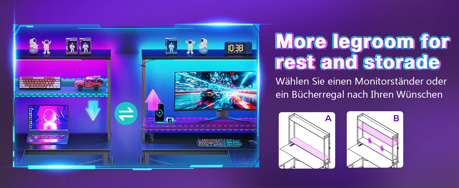 Ігровий стіл Coleshome L-подібної форми з LED підсвічуванням та розетками, 135 × 100 см. Реверсивний стіл з полицями для зберігання, ігровий кутовий стіл з сумкою для дому та геймінгу, чорний (135x100 см)