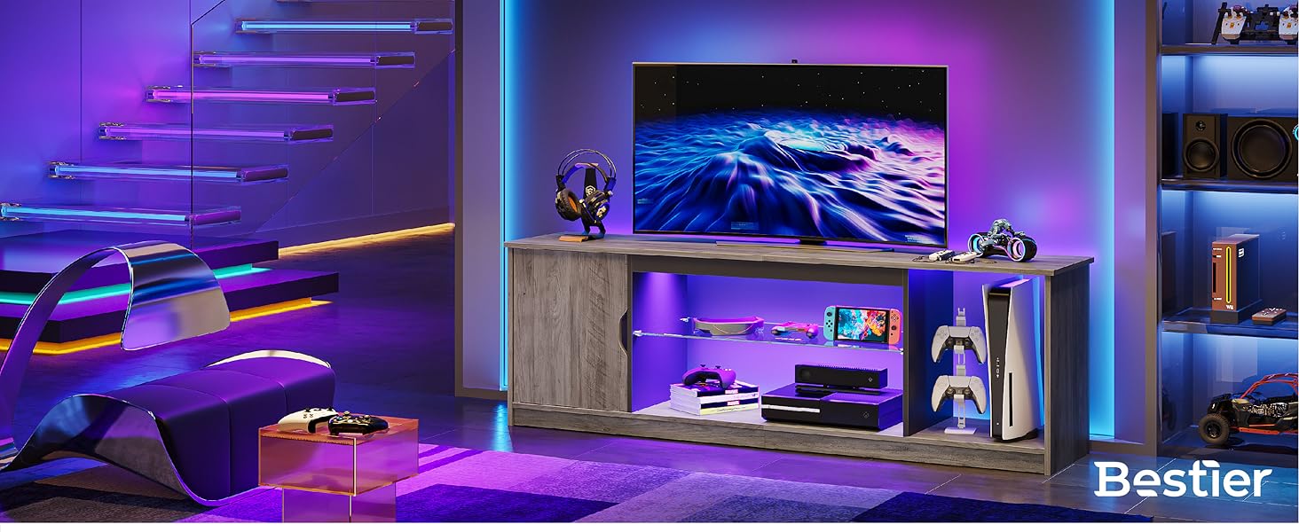 Тумба під телевізор Bestier 145x35x52 см для телевізорів до 65 дюймів з RGB LED-підсвічуванням (22 кольори) та регульованими скляними полицями - низький комод для вітальні, спальні (Сірий)