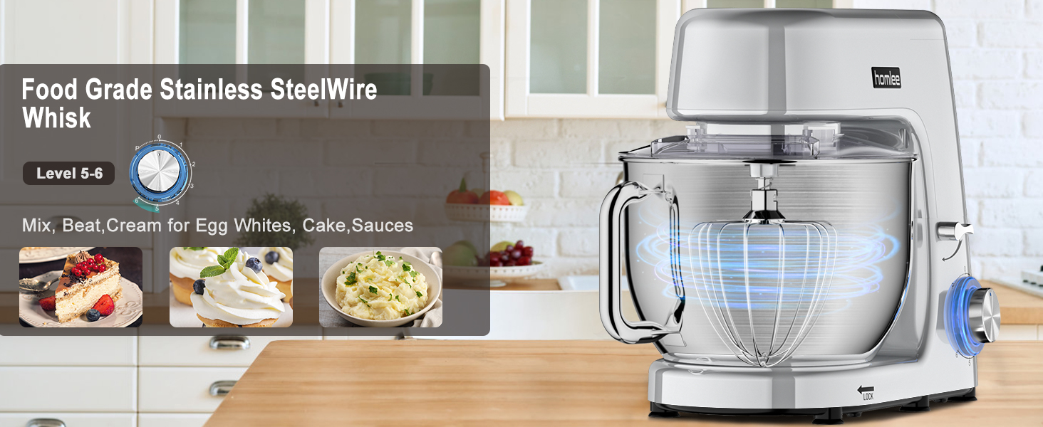 Потужна кухонна машина 1800W з великою чашею 7.2 л з нержавіючої сталі, міксер, насадки для тіста, збивання та насадка-віночок, сріблястий