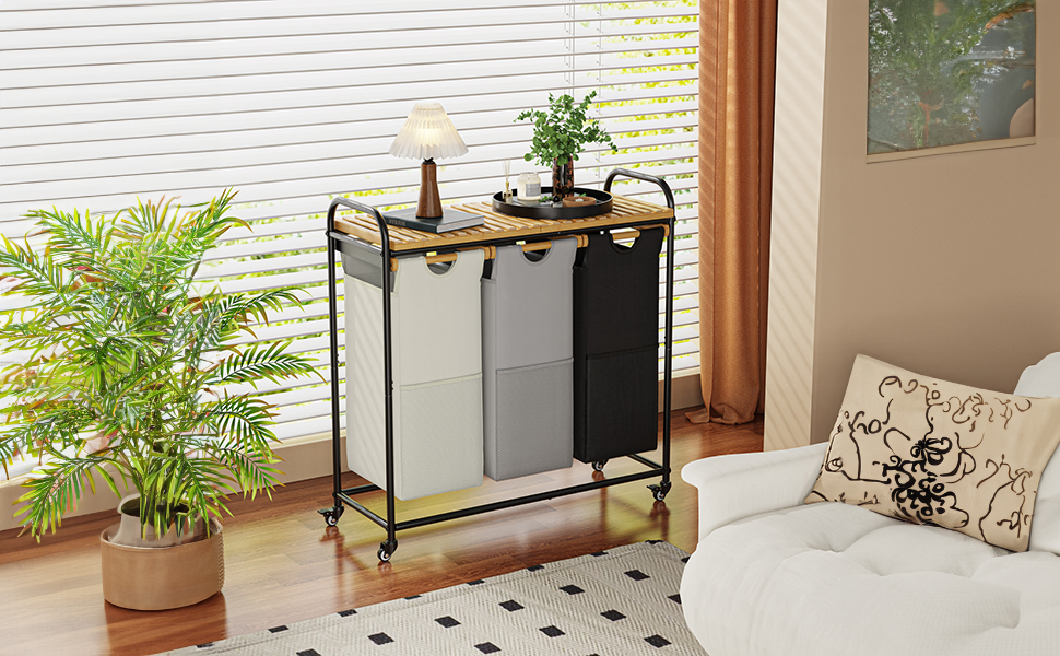 Кошики для білизни з сортуванням 3x40л, з висувними кишенями та роликами (Чорний/Білий)