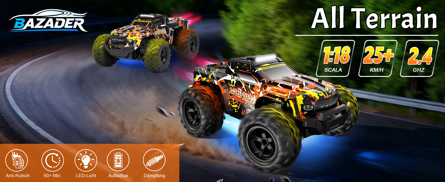 Радіокерований позашляховик BAZADER 1:18 з LED підсвіткою та розпилювачем води, 25 км/год, 2.4 GHz, для дітей від 4 років (Жовтий)