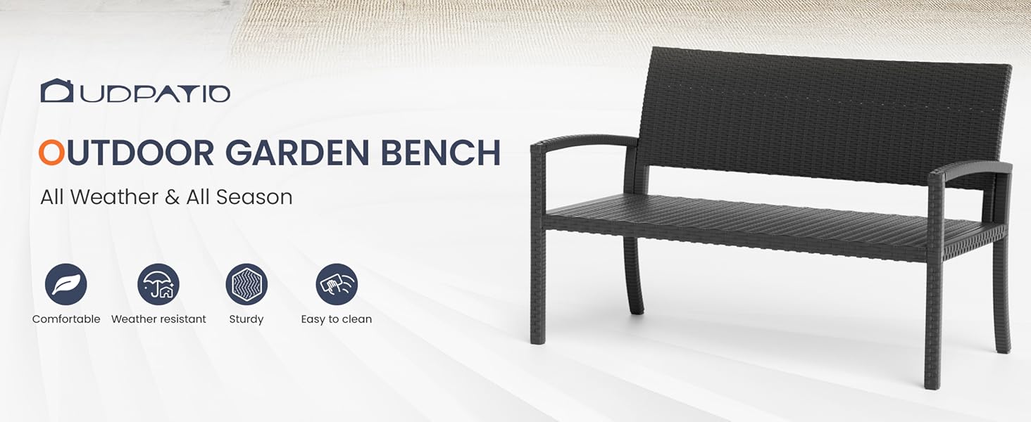 Садова лавка Udpatiо з ротангу для тераси, балкона та саду, чорна 123x63x86 см, витримує до 320 кг