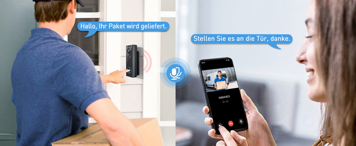 Відеодзвінок XTU з Wi-Fi, камера 4MP HD, бездротовий, з гонгом, PIR-датчик, нічне бачення, 2-сторонній аудіо, сумісний з Alexa, чорний