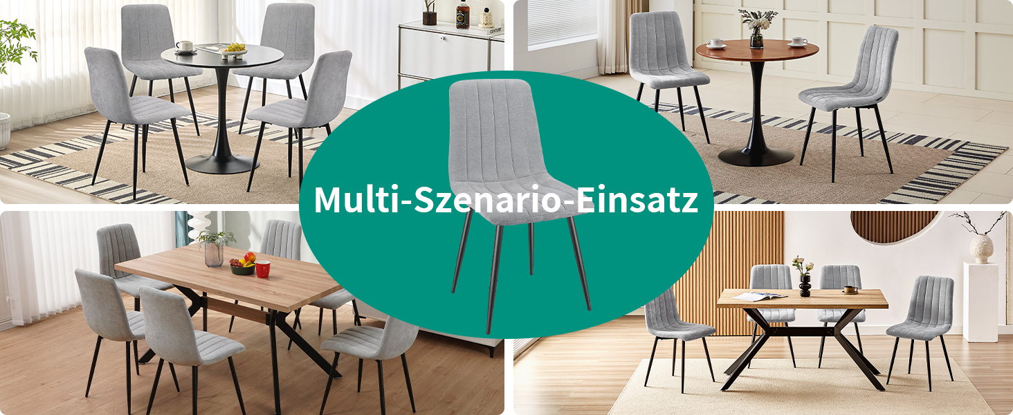 Набір з 4-х оббитих стільців для їдальні з тканини льон та чорними металевими ніжками, смугастий дизайн, для їдальні, вітальні, спальні, кухні, рецепції, сірий