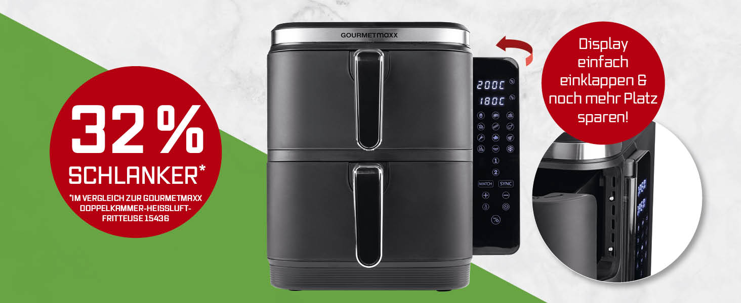 Фритюрниця повітряна Gourmetmaxx FryUp з вертикальною подвійною камерою, 10 літрів (2x5л), сенсорний дисплей