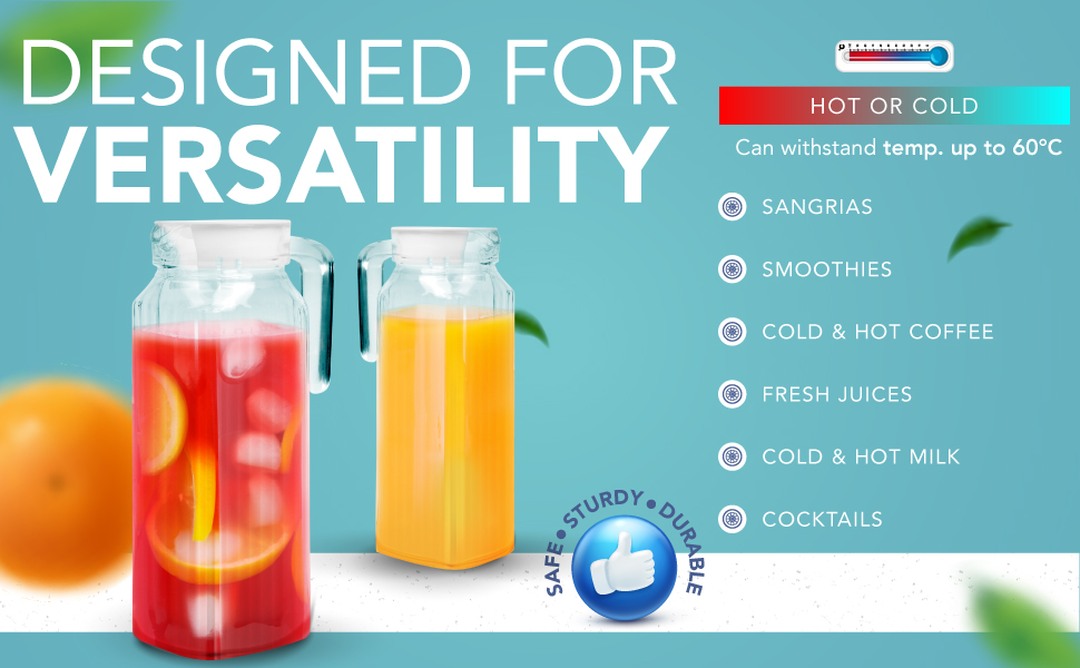 Скляний глечик для холодильника (2 шт.) об'ємом 1 літр з кришкою, рифлений дизайн, не протікає, вентильована кришка для гарячої/холодної води, чай, кава, молоко