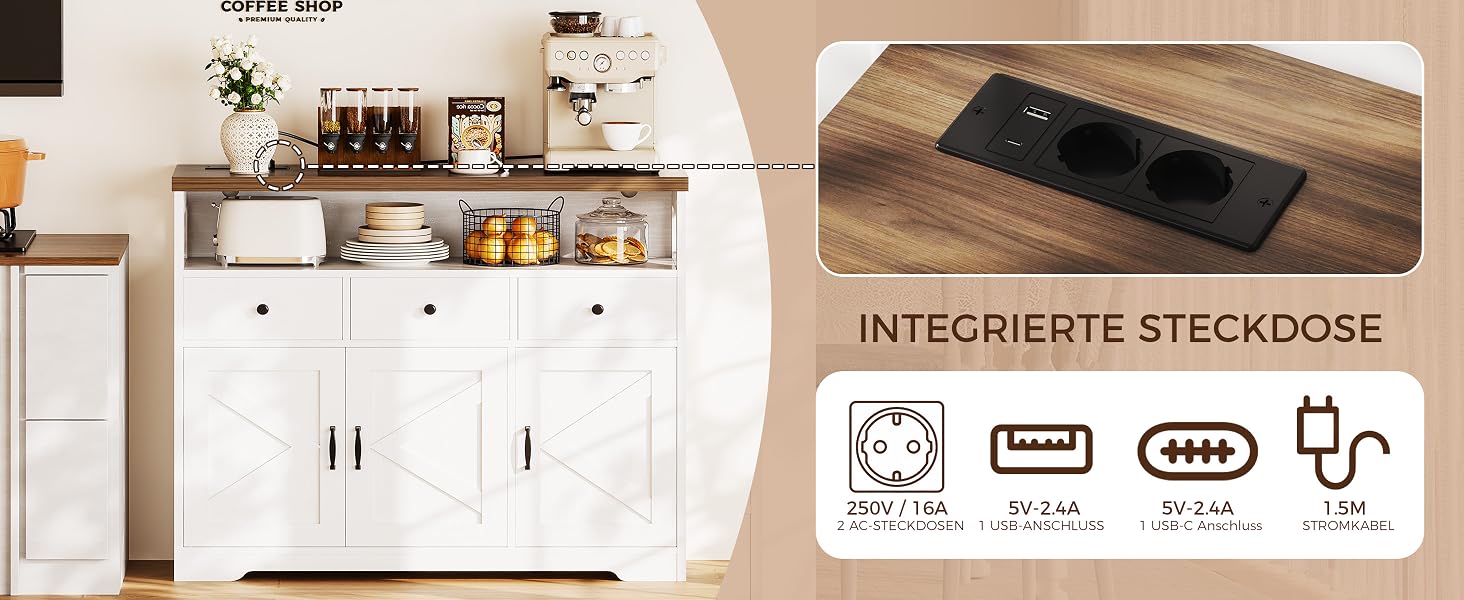 Кухонний комод-буфет IRONCK з розетками (2AC+1USB+1C), шафа для вітальні та їдальні з 3 шухлядами та 3 дверцятами, кава-бар з регульованою полицею, 107x35x95см, білий