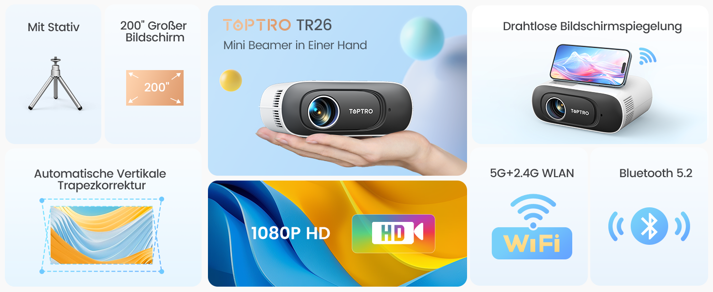 Портативний проєктор Mini Beamer 4K з підтримкою Android 13, WiFi 6, Bluetooth 5.4 та обертанням 270°. Підтримка HDMI, USB, iOS, PC. Автоматична корекція трапеції. Білий (молочний)