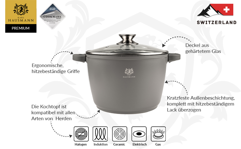 Каструля з антипригарним покриттям 10 літрів з кришкою, діаметр 28 см, з алюмінієвого лиття, для всіх типів плит (включаючи індукцію), сіра. Ідеально підходить для супу, тушкування та приготування великих порцій.